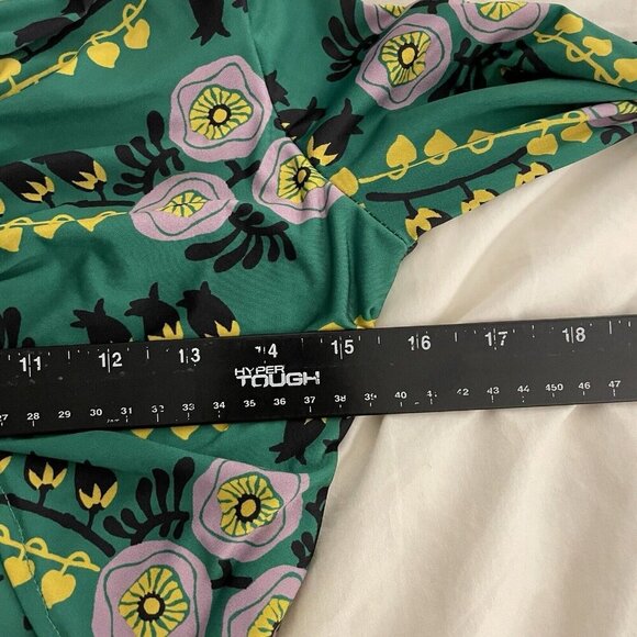 ZARA W/B Drape Ruched Mock Neck Midi Dress Sz S Green Floral 70s Retro Portugal - Picture 11 of 12